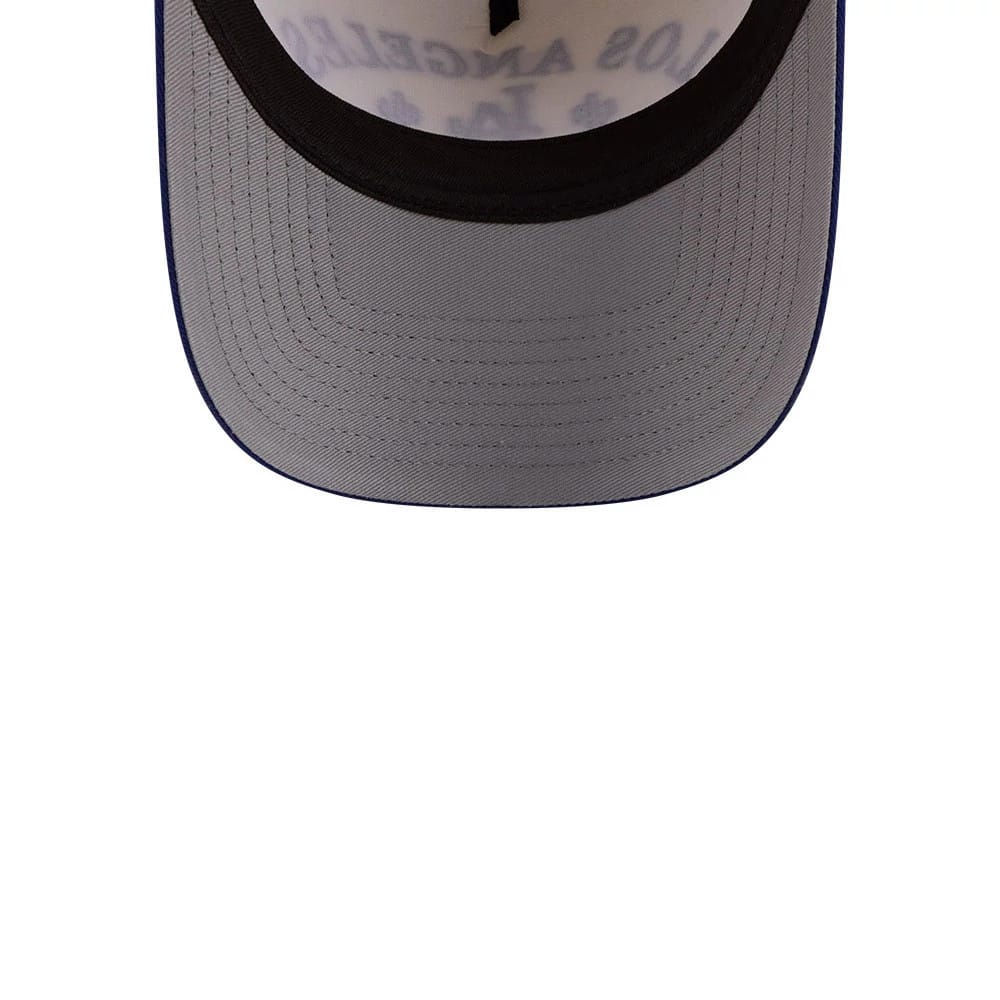 LA Dodgers MLB Rope Cream New Era 9FORTY A-Frame Adjustable Cap, inside view showing the grey undervisor and Los Angeles Dodgers print on the inner crown, along with black taping and a black sweatband.