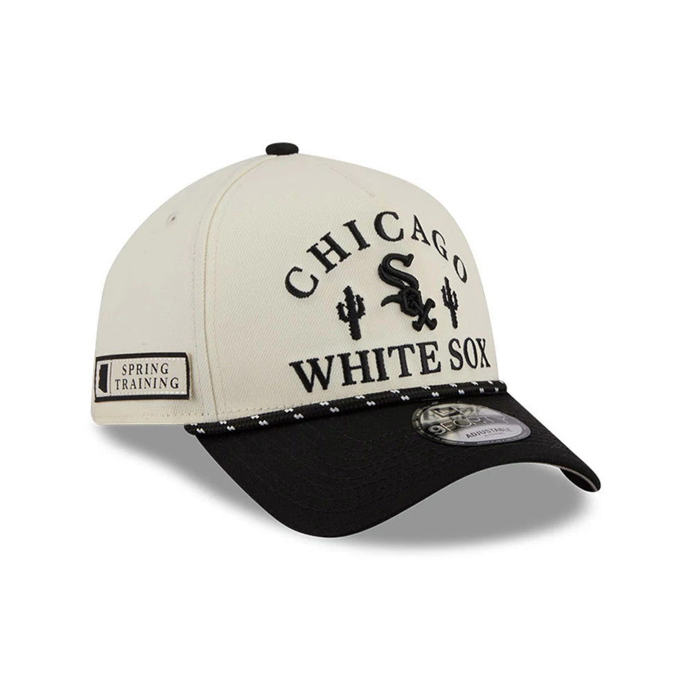 Chicago White Sox MLB Rope Black New Era 9FORTY A-Frame Adjustable Cap, front view showing the black raised embroidered logo and text on the white front panel, black visor with a rope detail, and a 9FORTY size sticker.