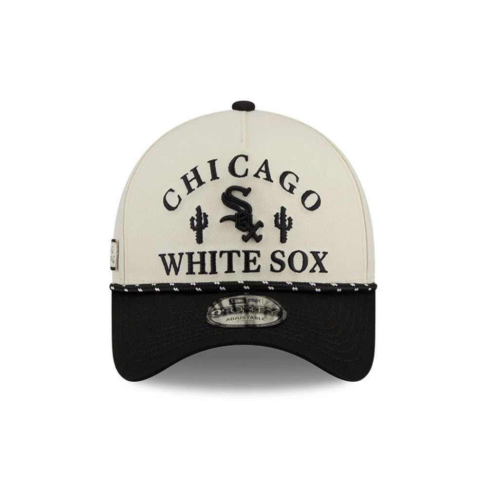 Chicago White Sox MLB Rope Black New Era 9FORTY A-Frame Adjustable Cap, front view showing black cactus-dotted lettering embroidered on the structured white front panel and a black visor with a New Era 9FORTY size sticker.
