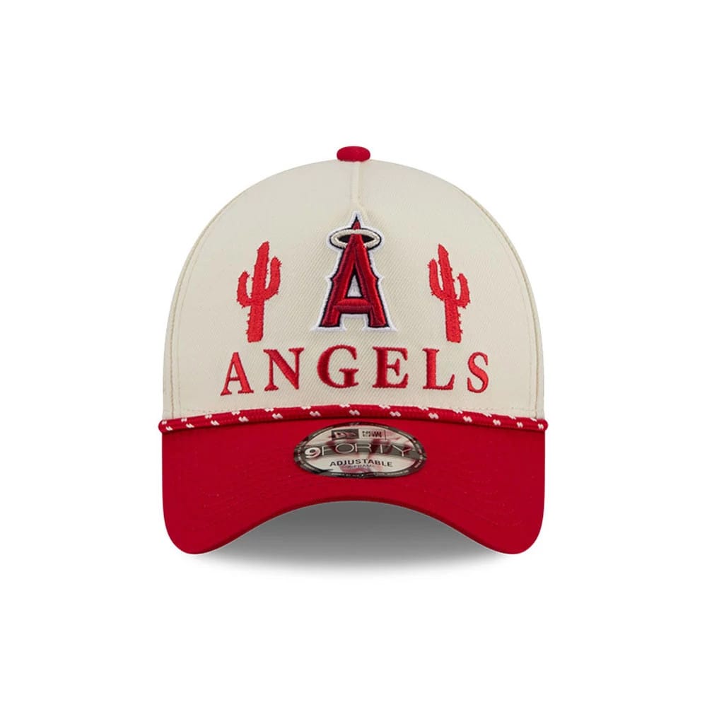 LA Angels MLB Rope Red New Era 9FORTY A-Frame Adjustable Cap, front view showing raised red embroidered A logo with red cactus graphics, ANGELS lettering across the cream structured crown, red visor with a 9FORTY size sticker.