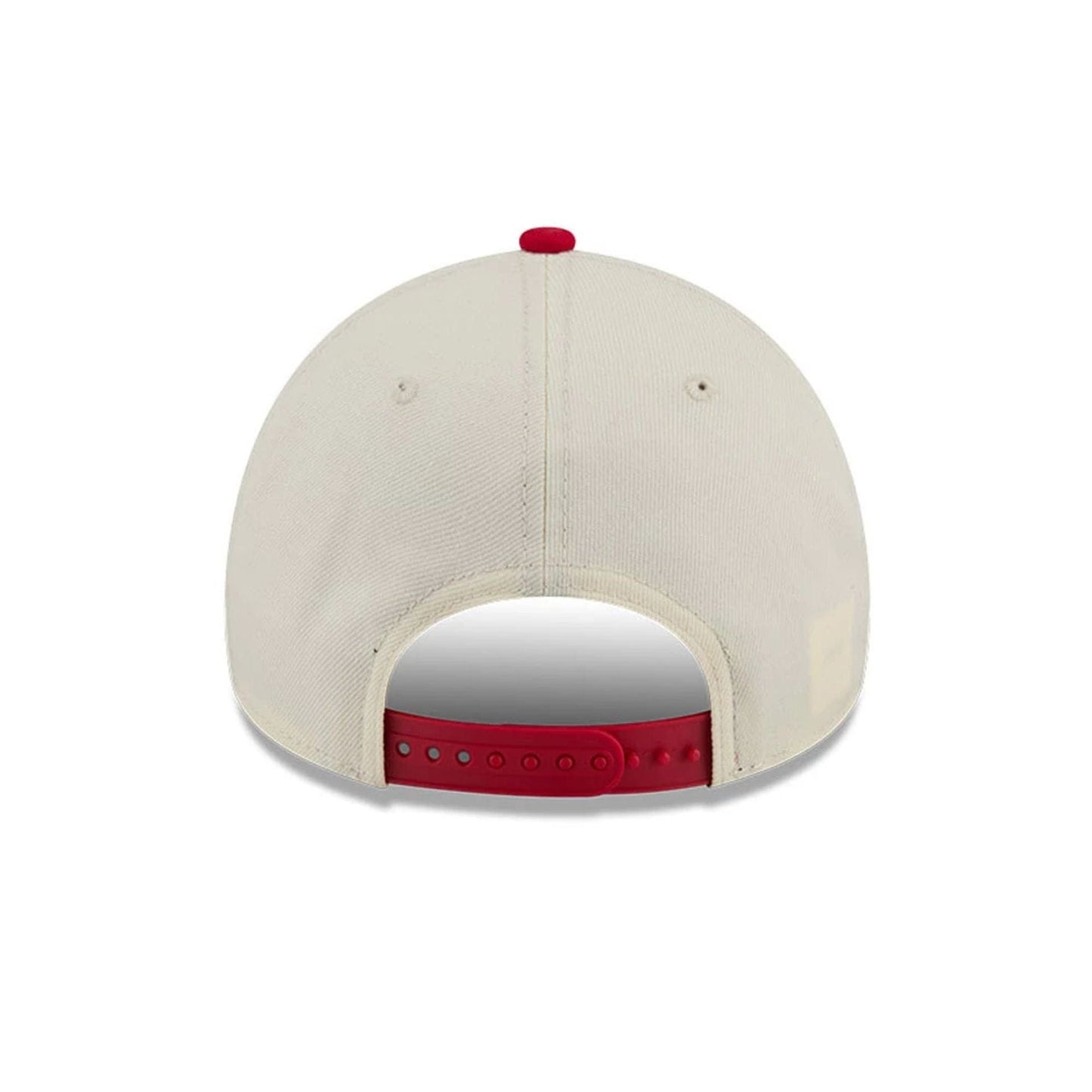 LA Angels MLB Rope Red New Era 9FORTY A-Frame Adjustable Cap, rear view showing a cream crown with embroidered eyelets, a red top button, and a red adjustable snapback closure, with a white New Era tag on the left side.