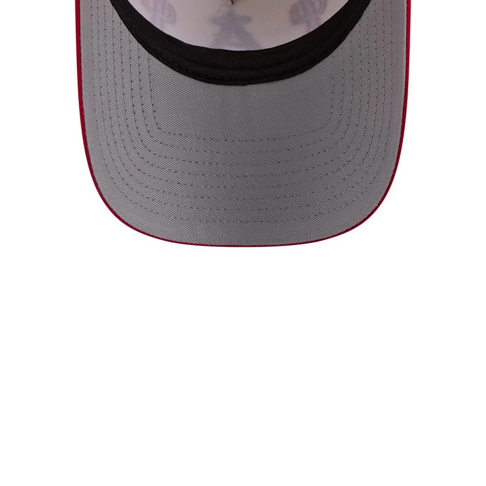 LA Angels MLB Rope Red New Era 9FORTY A-Frame Adjustable Cap, inside view showing the light grey undervisor, inner black sweatband, and patterned taping with team motifs on a structured red crown.