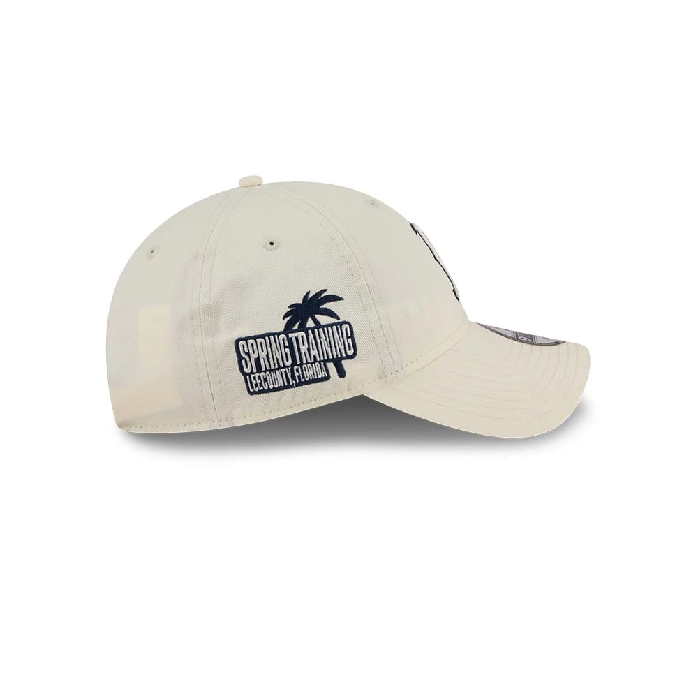 Boston Red Sox MLB Colours White New Era 9TWENTY Adjustable Cap, side view with a blue Spring Training Lee County, Florida embroidered logo on the left panel and a curved white visor.