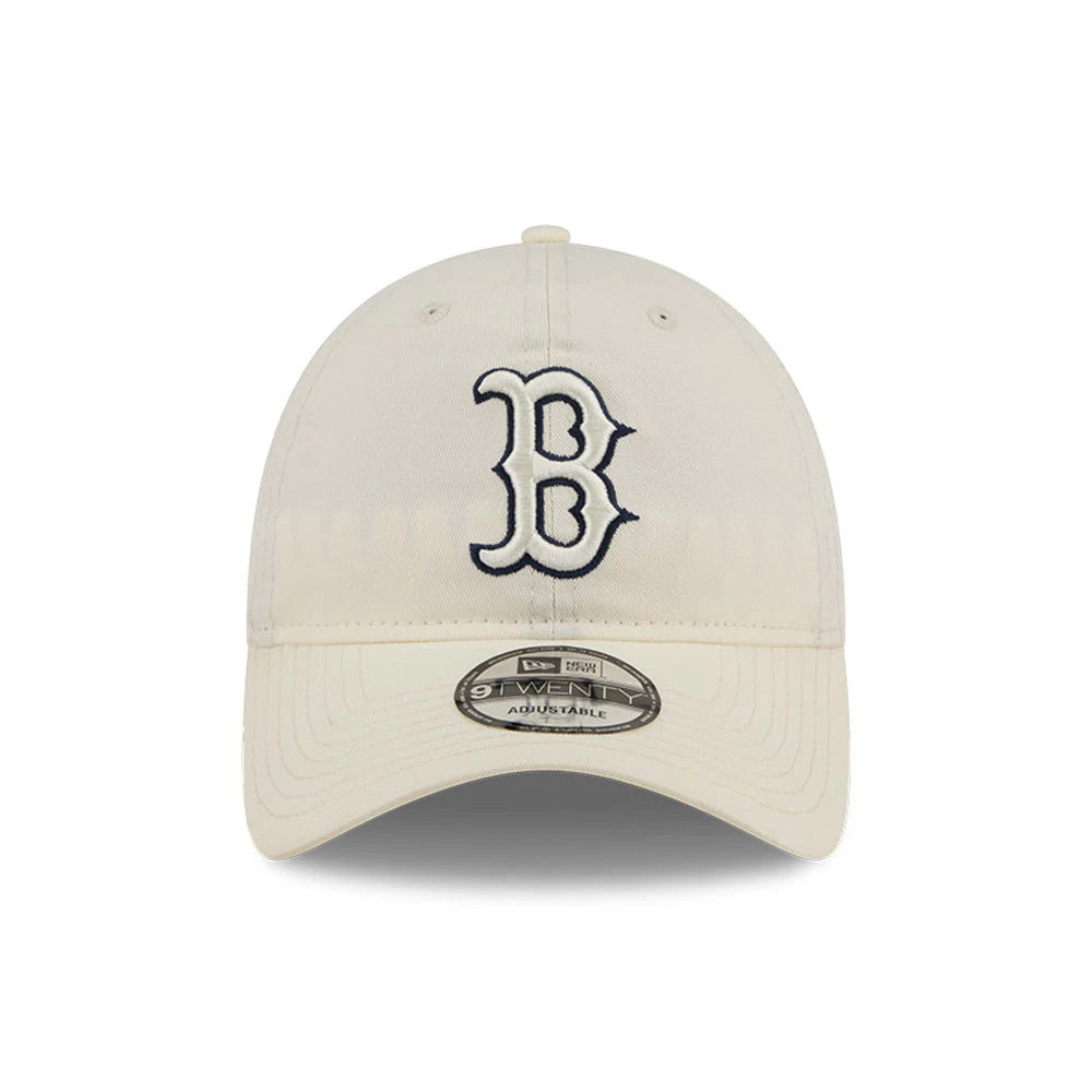 Boston Red Sox MLB Colours White New Era 9TWENTY Adjustable Cap, front view showing the navy outlined B logo embroidered on the front panel, with a curved visor and the 9TWENTY size sticker on the centre front.