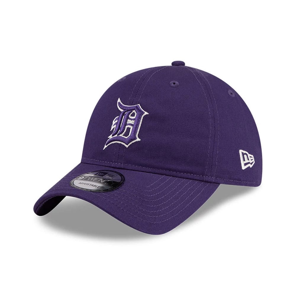 Detroit Tigers MLB Colours Purple New Era 9TWENTY Adjustable Cap, three-quarter view showing the raised white embroidered D logo on the front panel, with a curved purple visor and 9TWENTY size sticker.