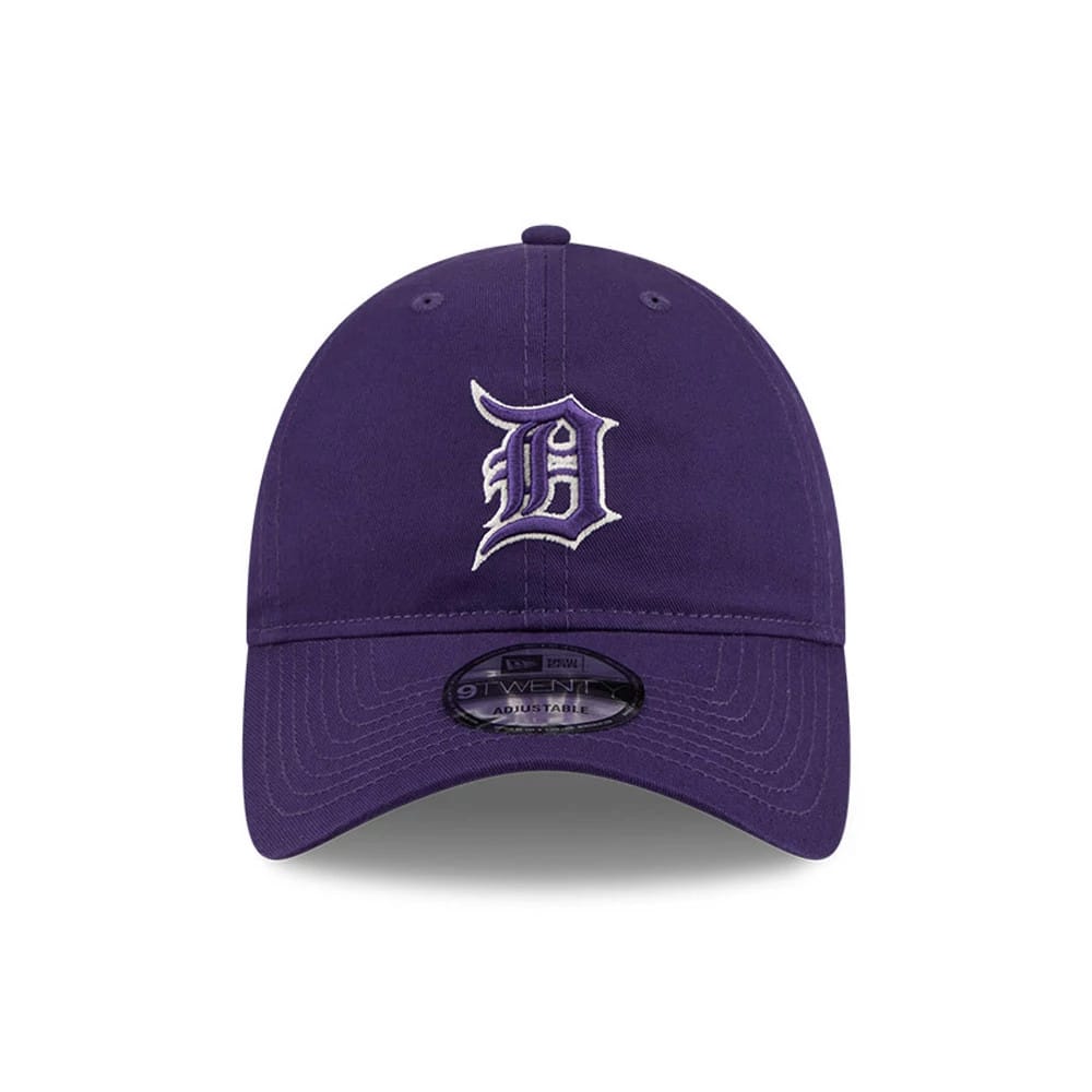 Detroit Tigers MLB Colours Purple New Era 9TWENTY Adjustable Cap, front view showing a white and purple embroidered Tigers logo on the front panel, curved purple visor, and a black 9TWENTY size sticker on the visor.