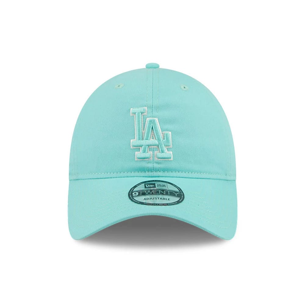 LA Dodgers MLB Colours Turquoise New Era 9TWENTY Adjustable Cap, front view showing the white embroidered LA logo on the structured turquoise crown with matching turquoise visor and 9TWENTY size sticker.