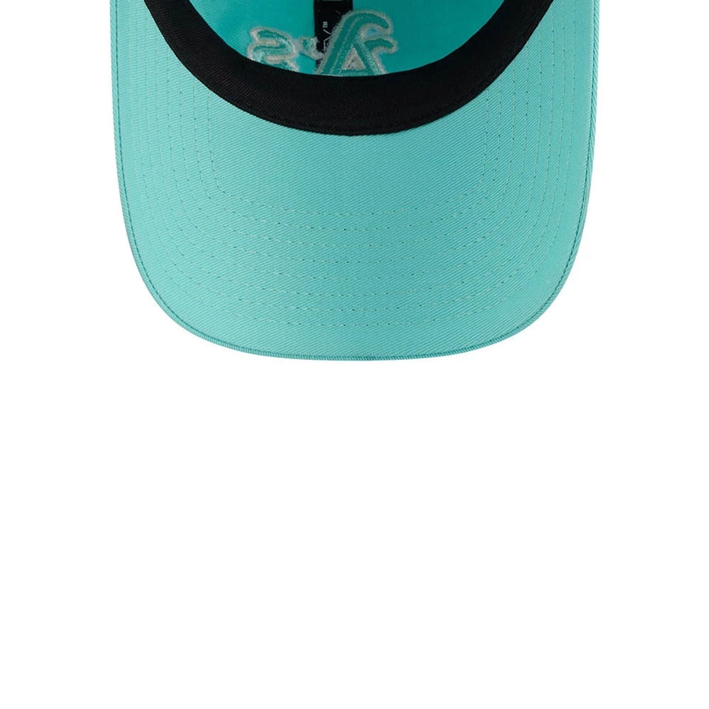 Athletics MLB Colours Turquoise New Era 9TWENTY Adjustable Cap, inside view showing the black sweatband, embroidered white A's design on the turquoise undervisor, and the inner taping.
