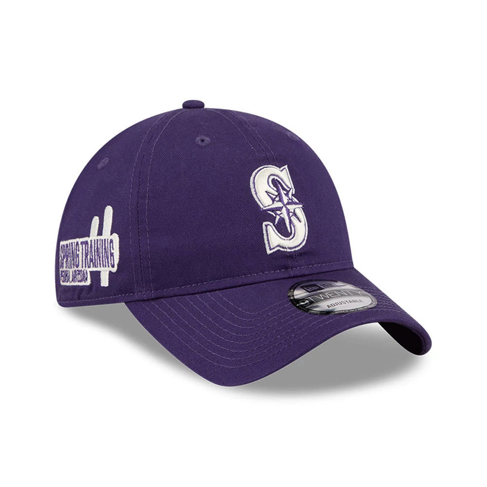 Seattle Mariners MLB Colours Purple New Era 9TWENTY Adjustable Cap, three-quarter view showing the white embroidered S logo with a star on the front panel, curved purple visor with a black 9TWENTY size sticker.