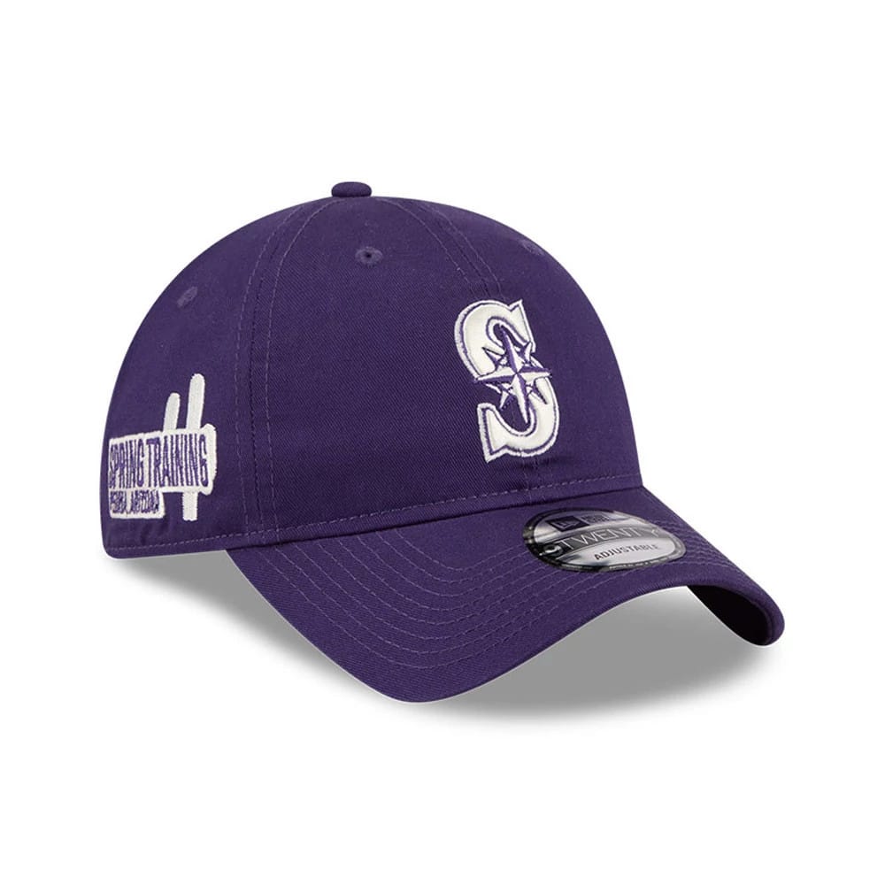 Seattle Mariners MLB Colours Purple New Era 9TWENTY Adjustable Cap, three-quarter view showing the white embroidered S logo with a star on the front panel, curved purple visor with a black 9TWENTY size sticker.