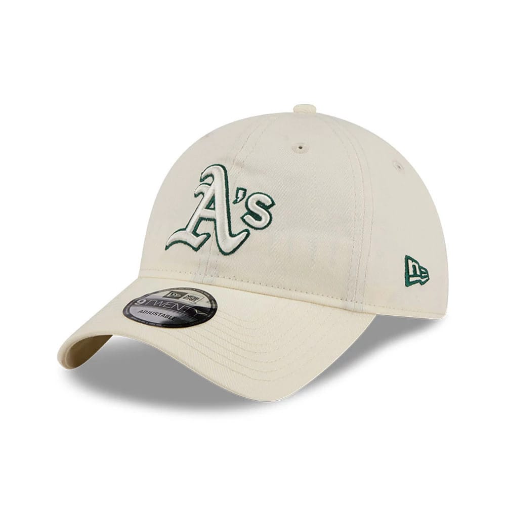 Athletics MLB Colours White New Era 9TWENTY Adjustable Cap, three-quarter view showing a raised embroidered green A's logo on the front panel, with the New Era flag logo on the left side and a 9TWENTY size sticker on the rounded visor.