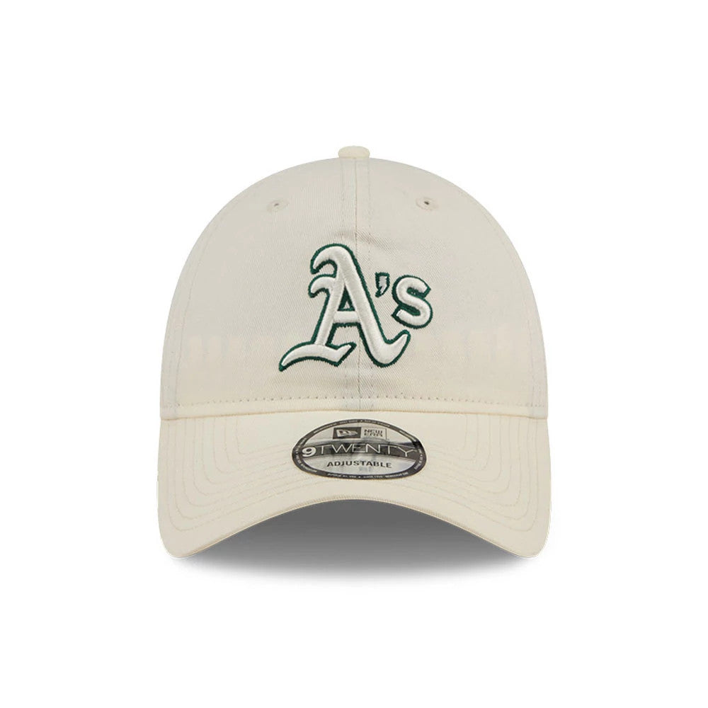 Athletics MLB Colours White New Era 9TWENTY Adjustable Cap, front view showing the raised green embroidered A’s logo on the white crown, with a curved visor and a 9TWENTY size sticker.