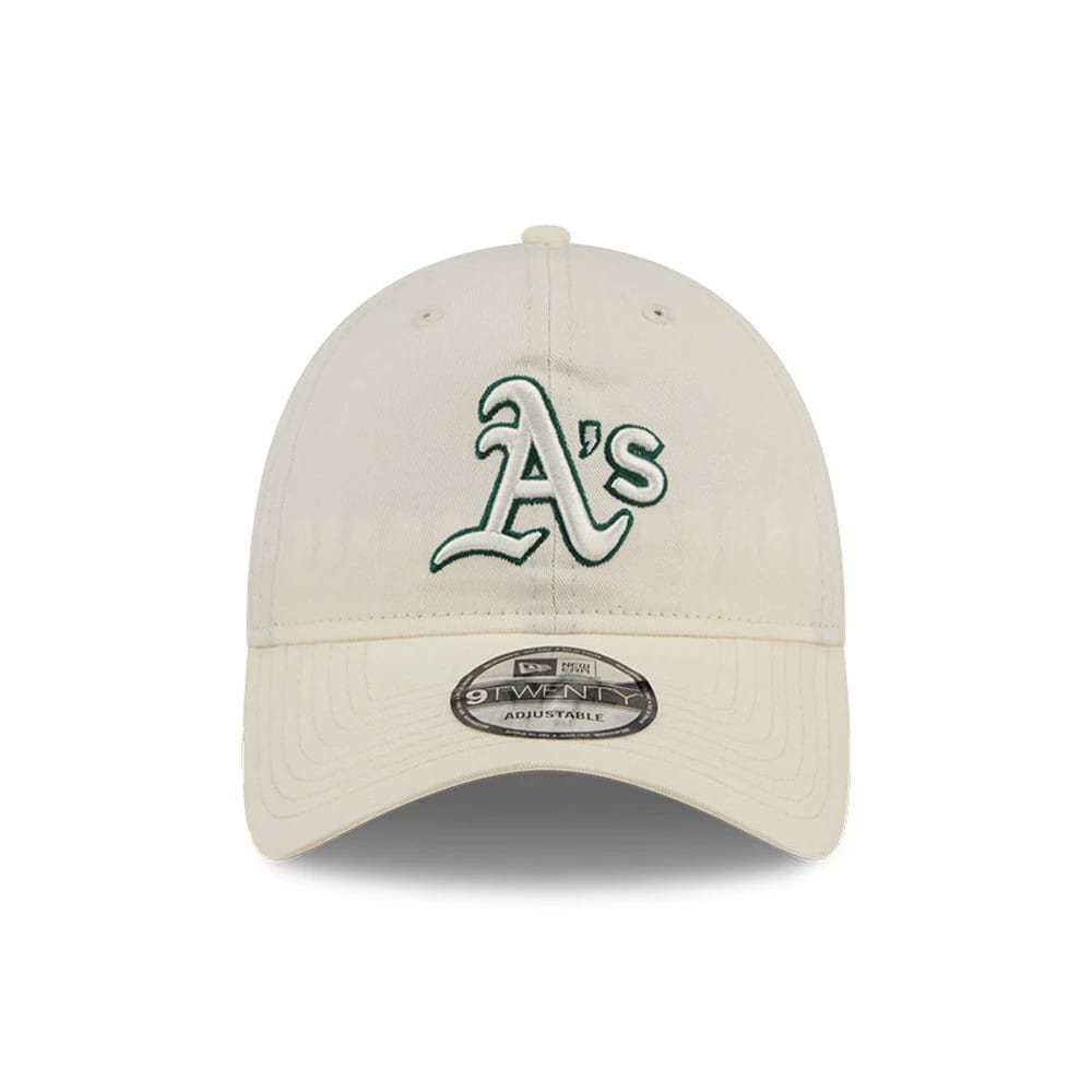 Athletics MLB Colours White New Era 9TWENTY Adjustable Cap, front view showing the raised green embroidered A’s logo on the white crown, with a curved visor and a 9TWENTY size sticker.
