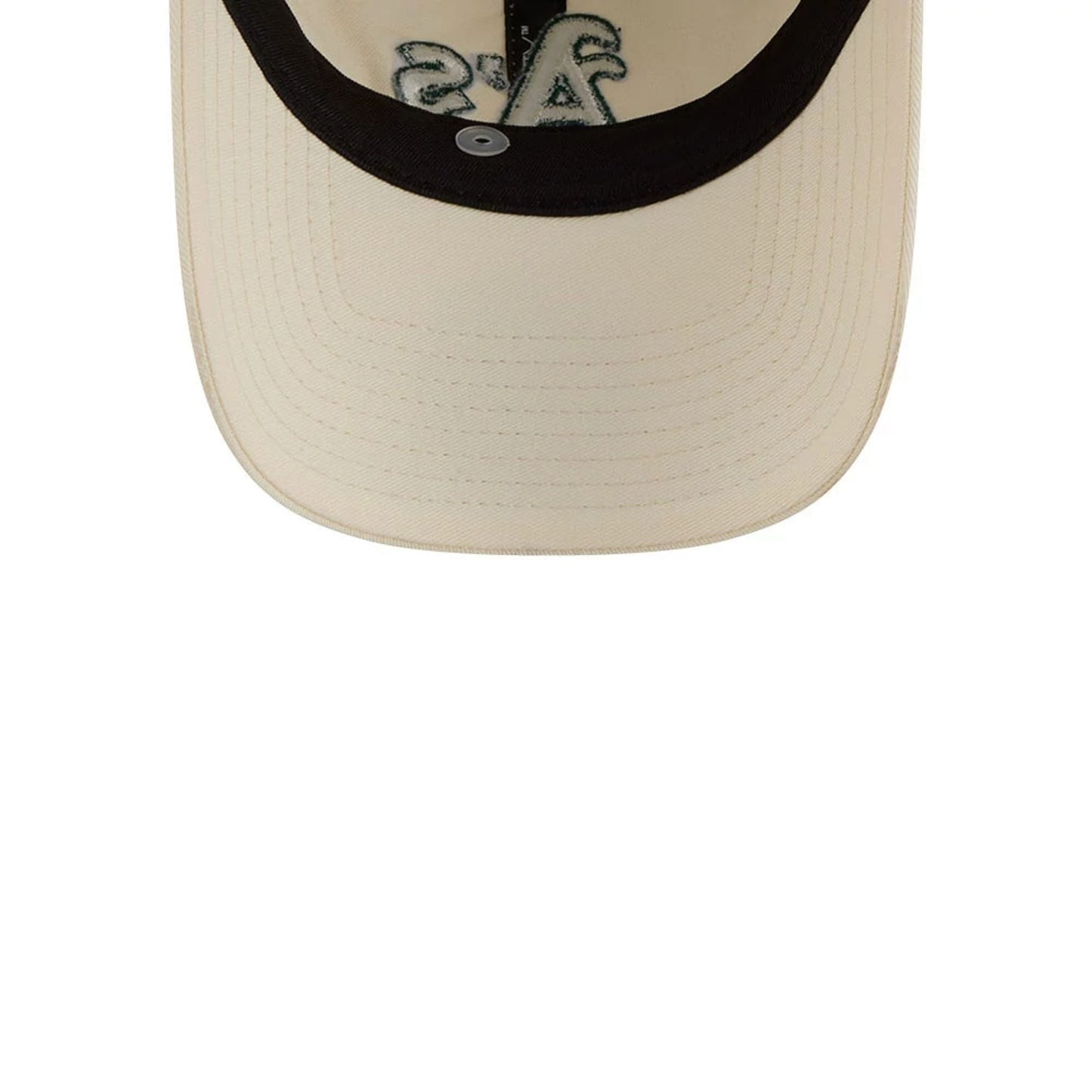 Athletics MLB Colours White New Era 9TWENTY Adjustable Cap, inside view showing the black undervisor and interior taping, with embroidered A's logo through the panel beneath a black sweatband.