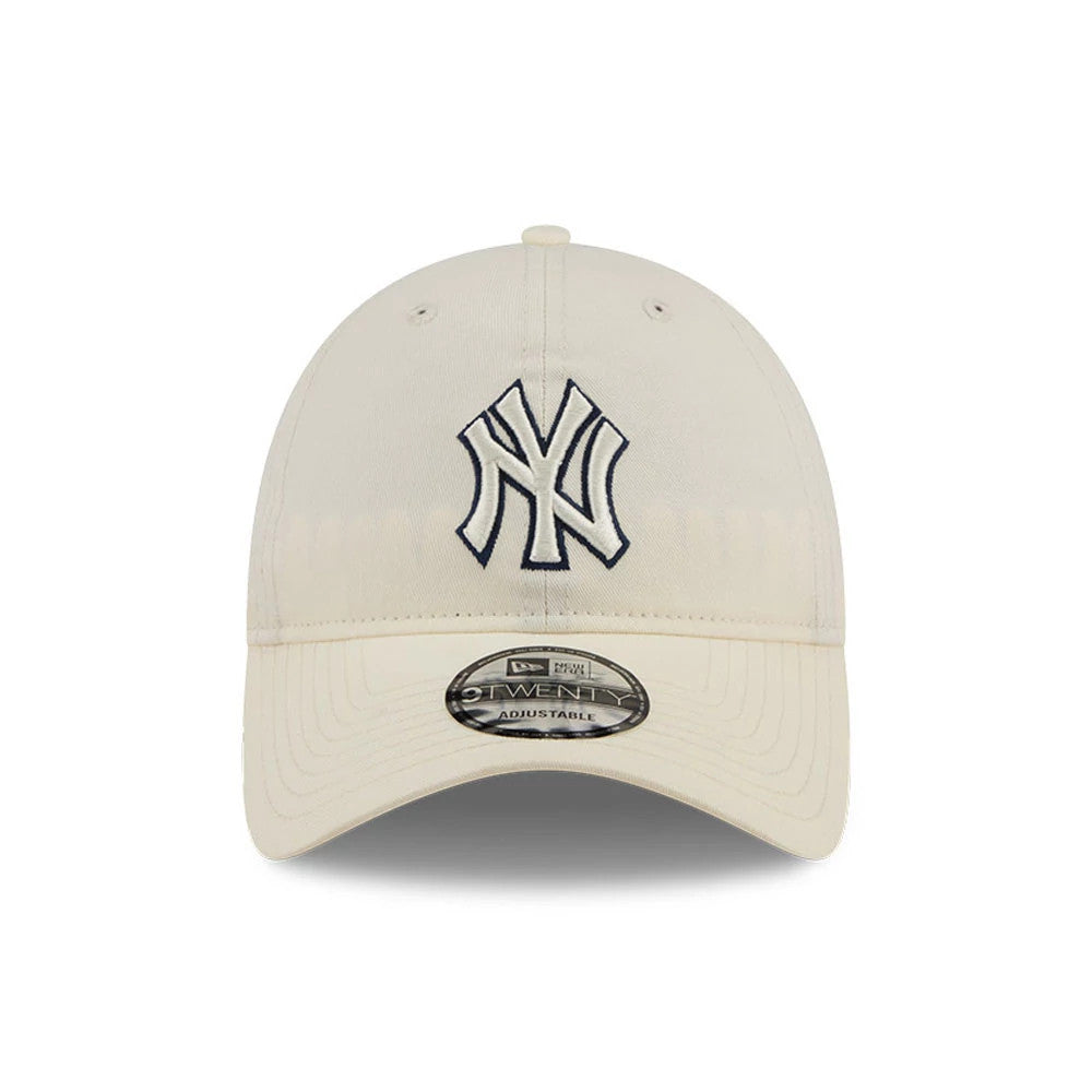 Yankees MLB Colours White New Era 9TWENTY Adjustable Cap, front view showing the white NY logo in raised embroidery on the front panel, with a matching curved visor and a 9TWENTY size sticker.