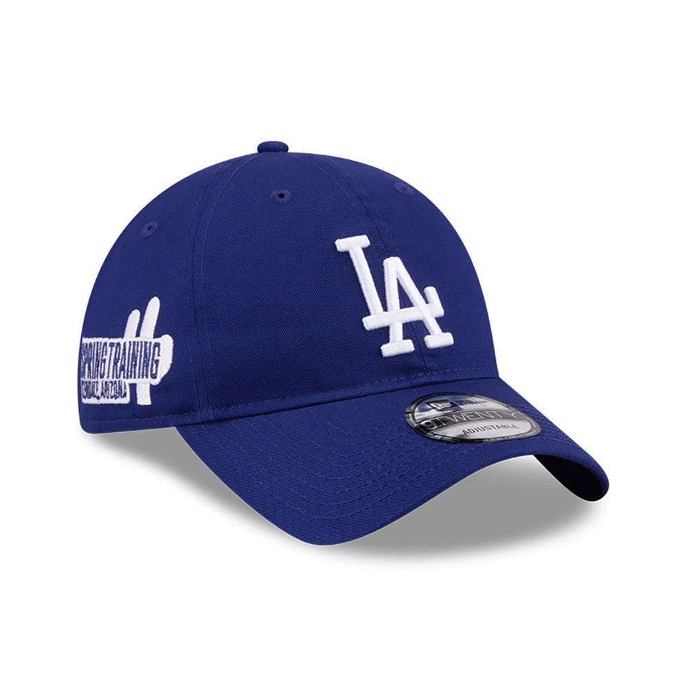LA Dodgers MLB Colours Dark Blue New Era 9TWENTY Adjustable Cap, three-quarter view showing the white LA logo embroidered on the front panels, with a curved visor and the black and silver 9TWENTY size sticker on top.