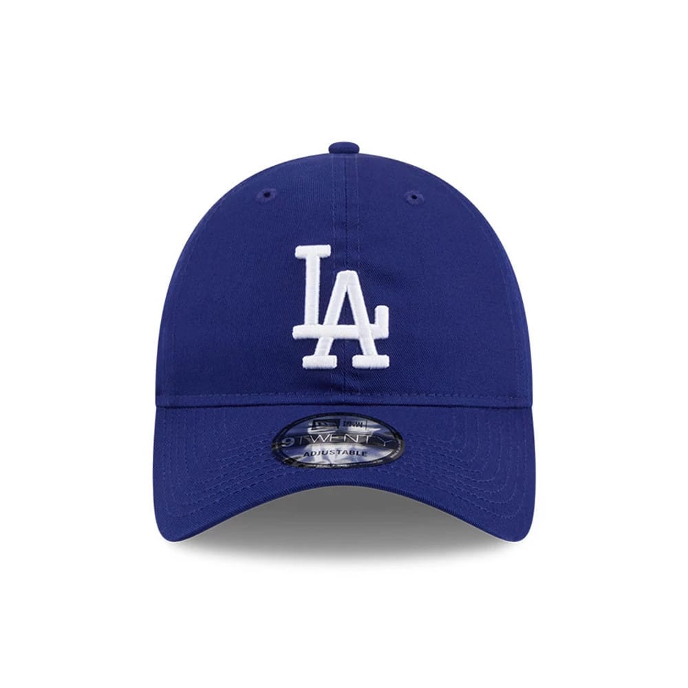 LA Dodgers MLB Colours Dark Blue New Era 9TWENTY Adjustable Cap, front view showing the raised white embroidered LA logo on the structured crown with a curved visor and a 9TWENTY size sticker on the visor.