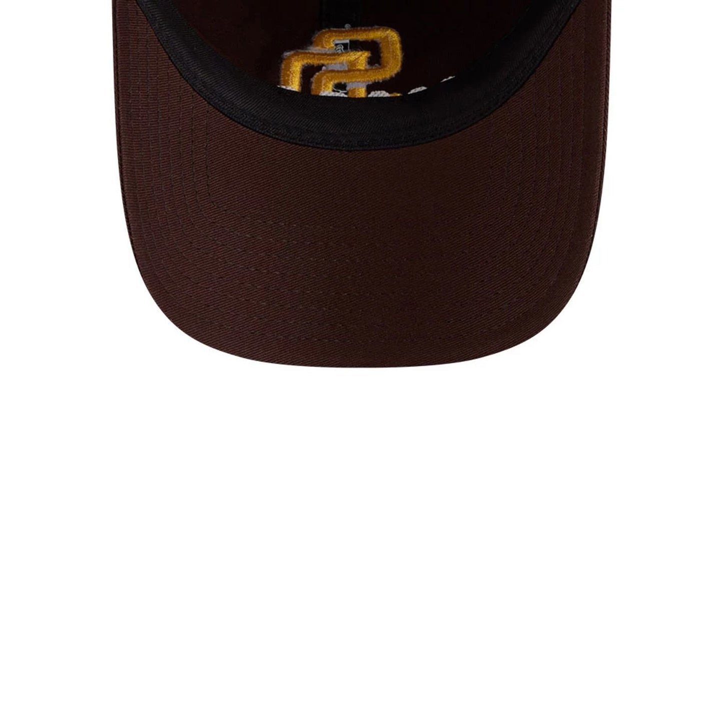 San Diego Padres MLB Colours Dark Brown New Era 9TWENTY Adjustable Cap, inside view showing a mustard yellow Padres SD logo partially under the brown bill, with a black sweatband lining the interior.