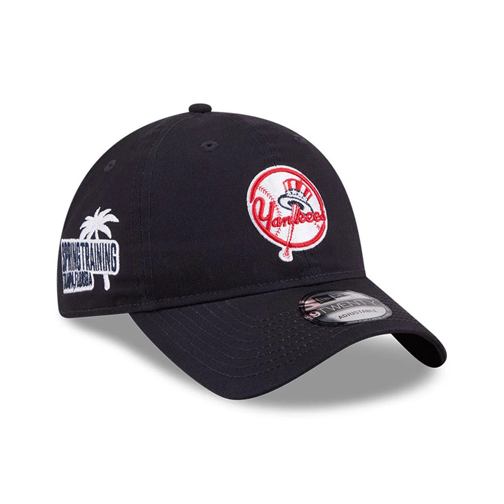 New York Yankees MLB Colours Navy New Era 9TWENTY Adjustable Cap, three-quarter view showing the red and white Yankees logo on the front panel, with spring training embroidery on the side and the 9TWENTY size sticker on the curved visor.