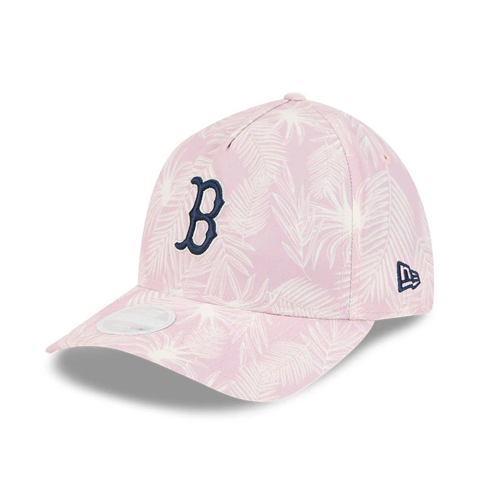 Boston Red Sox Womens MLB Pastel Pastel Pink New Era 9TWENTY A-Frame Adjustable Cap, three-quarter view showing the navy embroidered B logo on the front panel, palm leaf pattern, and the white 9TWENTY size sticker on the visor.
