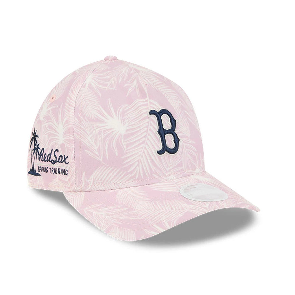 Boston Red Sox Womens MLB Pastel Pastel Pink New Era 9TWENTY A-Frame Adjustable Cap, three-quarter view with a navy embroidered B logo on the front panel, palm leaf print throughout, and a 9TWENTY size sticker on the curved visor.