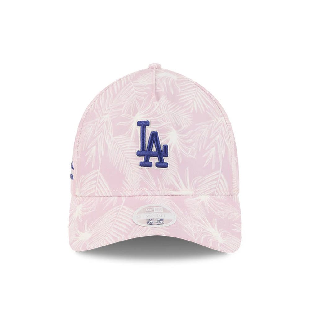 LA Dodgers Womens MLB Pastel Pastel Pink New Era 9TWENTY A-Frame Adjustable Cap, front view showing a blue LA logo in raised embroidery on the patterned pink crown, with a 9TWENTY size sticker on the curved visor.