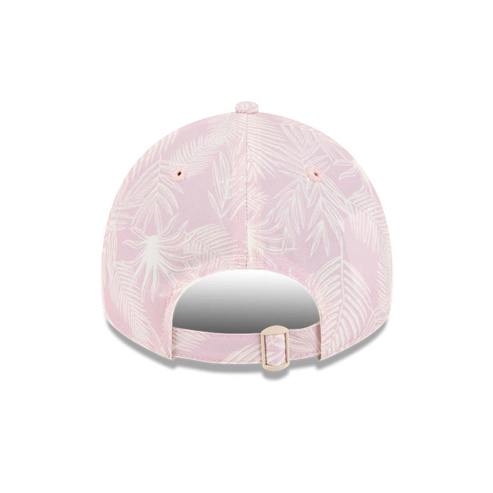 LA Dodgers Womens MLB Pastel Pastel Pink New Era 9TWENTY A-Frame Adjustable Cap, rear view showing a palm print across the pink fabric, with an adjustable strap and buckle at the back.