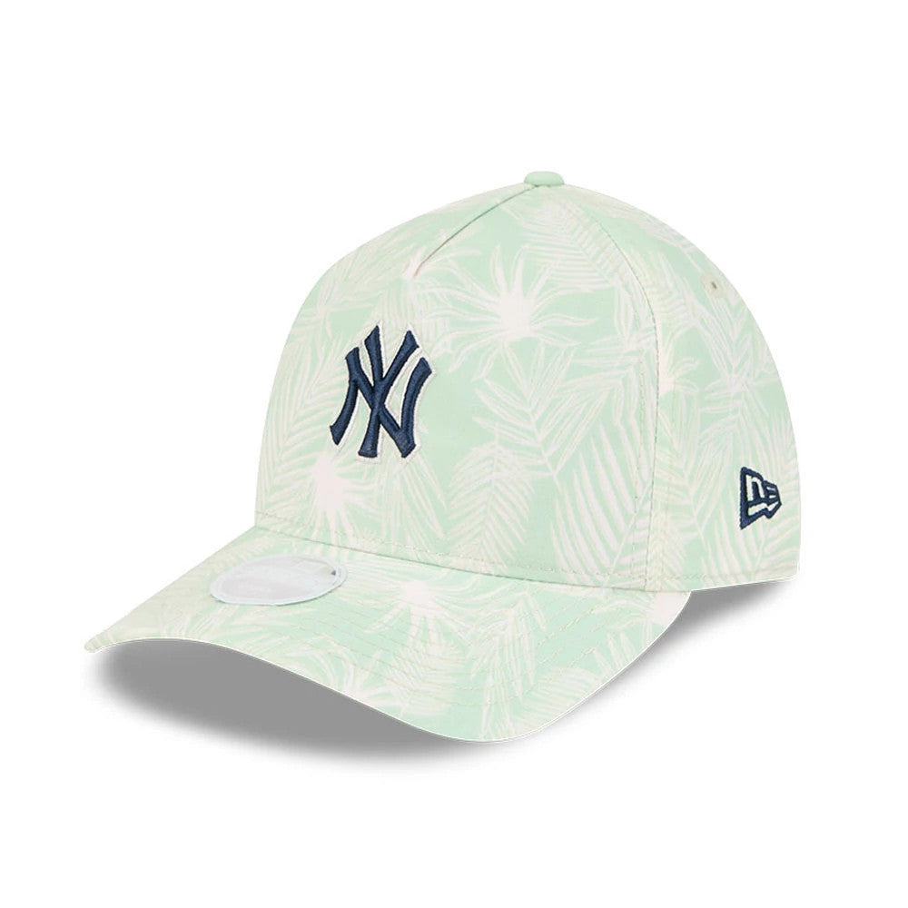 New York Yankees Womens MLB Pastel Green New Era 9TWENTY A-Frame Adjustable Cap, three-quarter view showing the navy embroidered NY logo on the front panel, pastel green palm print design, and the New Era flag logo on the left side.