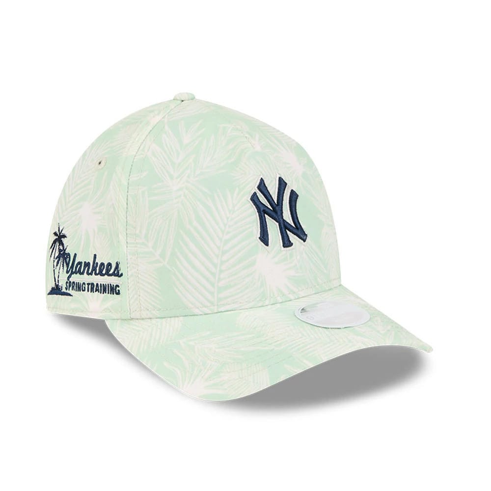New York Yankees Womens MLB Pastel Green New Era 9TWENTY A-Frame Adjustable Cap, three-quarter view showing a navy NY logo on the front panel, palm leaf pattern, Yankees Spring Training embroidery on the left side.