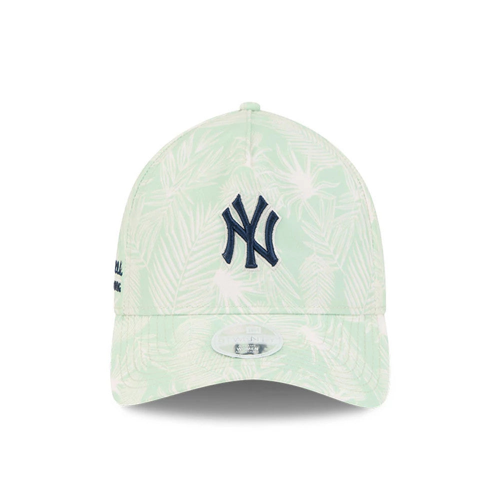 New York Yankees Womens MLB Pastel Green New Era 9TWENTY A-Frame Adjustable Cap, front view showing a dark navy raised embroidered NY logo on the pastel green palm leaf-patterned front panel, with a 9TWENTY size sticker on the curved visor.