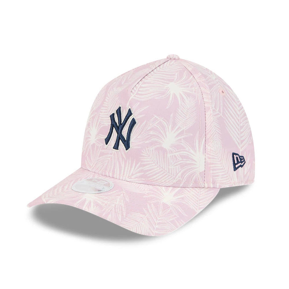 New York Yankees Womens MLB Pastel Pastel Pink New Era 9TWENTY A-Frame Adjustable Cap, three-quarter view showing the raised navy NY logo on the front panel, a palm leaf pattern, and the New Era flag logo on the left side.