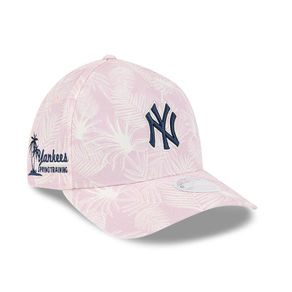 New York Yankees Womens MLB Pastel Pastel Pink New Era 9TWENTY A-Frame Adjustable Cap, three-quarter view showing the navy NY logo in raised embroidery on the front panel with a tropical palm leaf pattern.