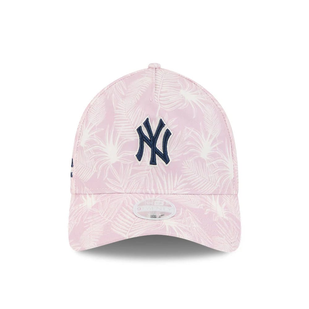 New York Yankees Womens MLB Pastel Pastel Pink New Era 9TWENTY A-Frame Adjustable Cap, front view showing the raised navy NY logo embroidered on a pink floral patterned crown with an arched visor and a 9TWENTY size sticker.