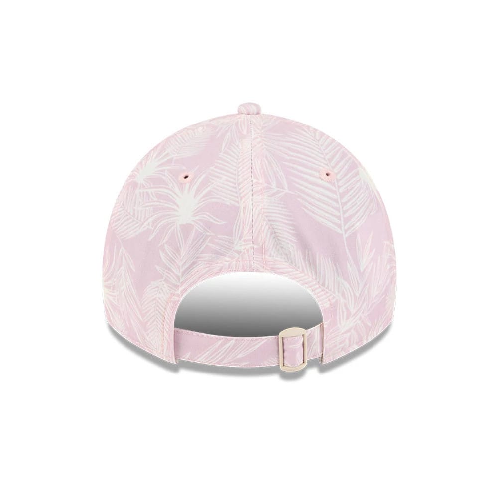 New York Yankees Womens MLB Pastel Pastel Pink New Era 9TWENTY A-Frame Adjustable Cap, rear view showing the all-over palm leaf pattern on the pink panels with a fabric strap and buckle for size adjustment at the back.