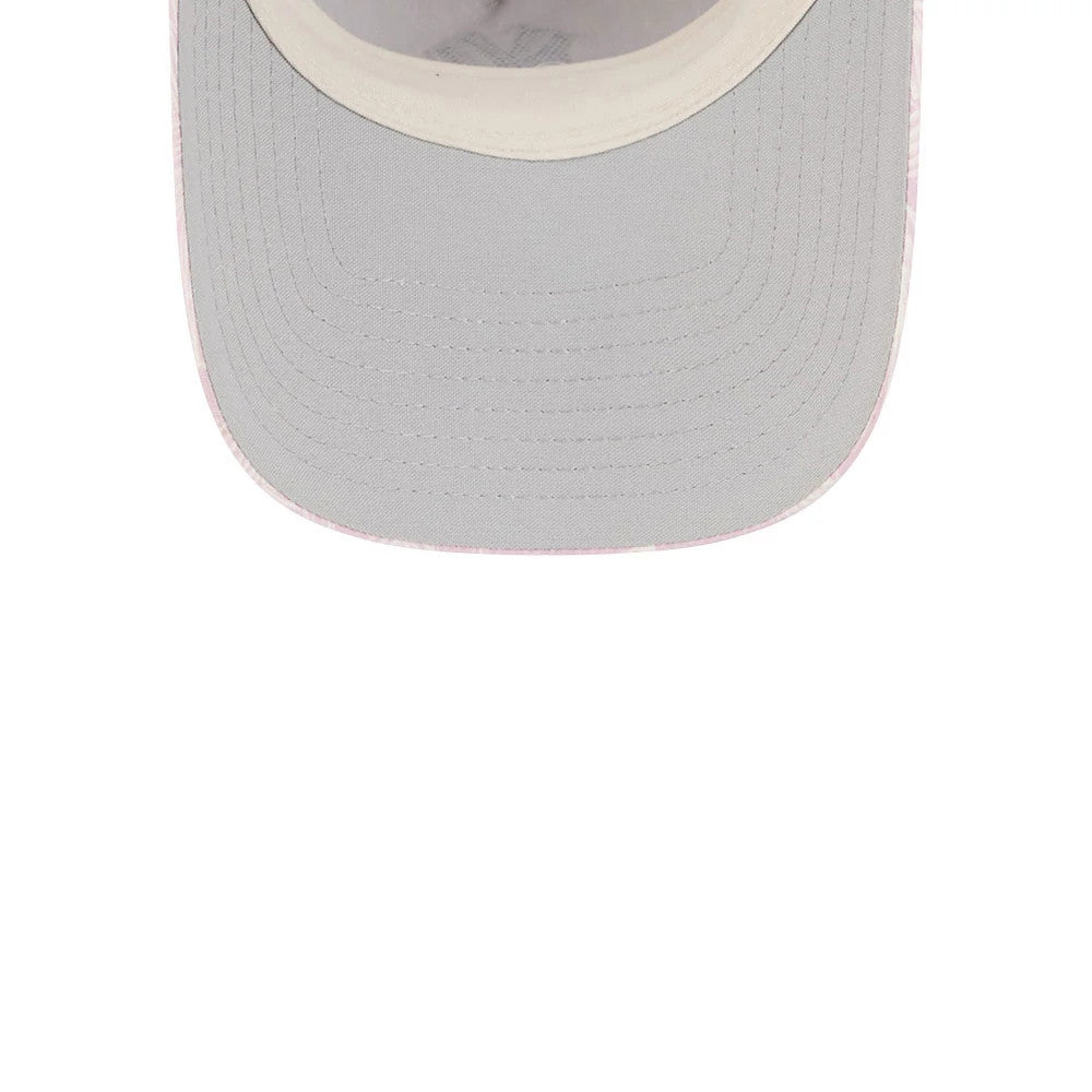 New York Yankees Womens MLB Pastel Pastel Pink New Era 9TWENTY A-Frame Adjustable Cap, inside view showing a grey undervisor with white sweatband, highlighting the intricate stitching on the visor.