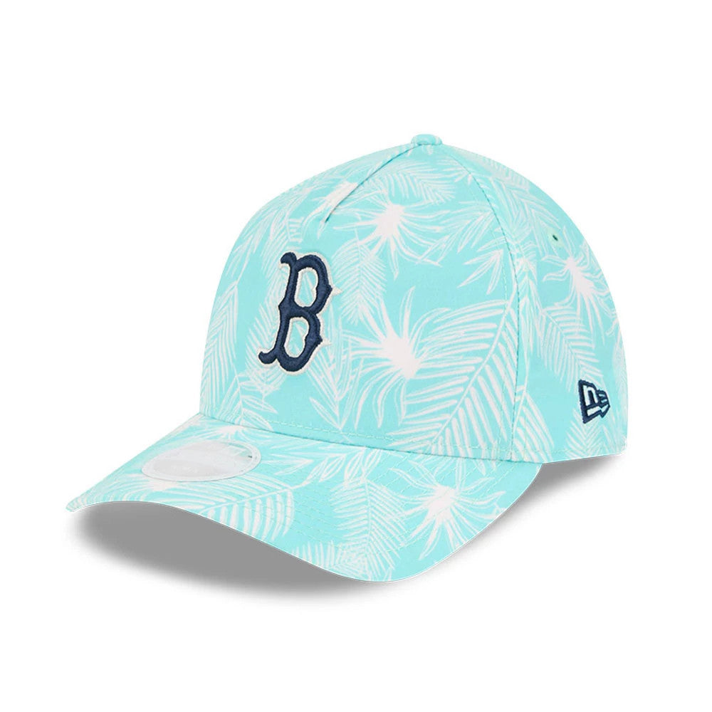 Boston Red Sox Womens MLB Pastel Turquoise New Era 9TWENTY A-Frame Adjustable Cap, three-quarter view showing a navy embroidered B logo on the front panel, with a tropical leaf pattern across the turquoise crown.