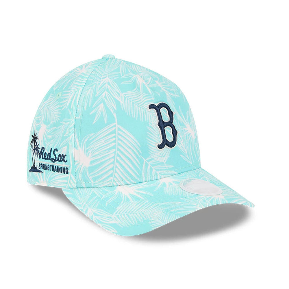 Boston Red Sox Womens MLB Pastel Turquoise New Era 9TWENTY A-Frame Adjustable Cap, three-quarter view showing a raised navy B logo on the front panel and a white 9TWENTY size sticker on the pastel turquoise visor.