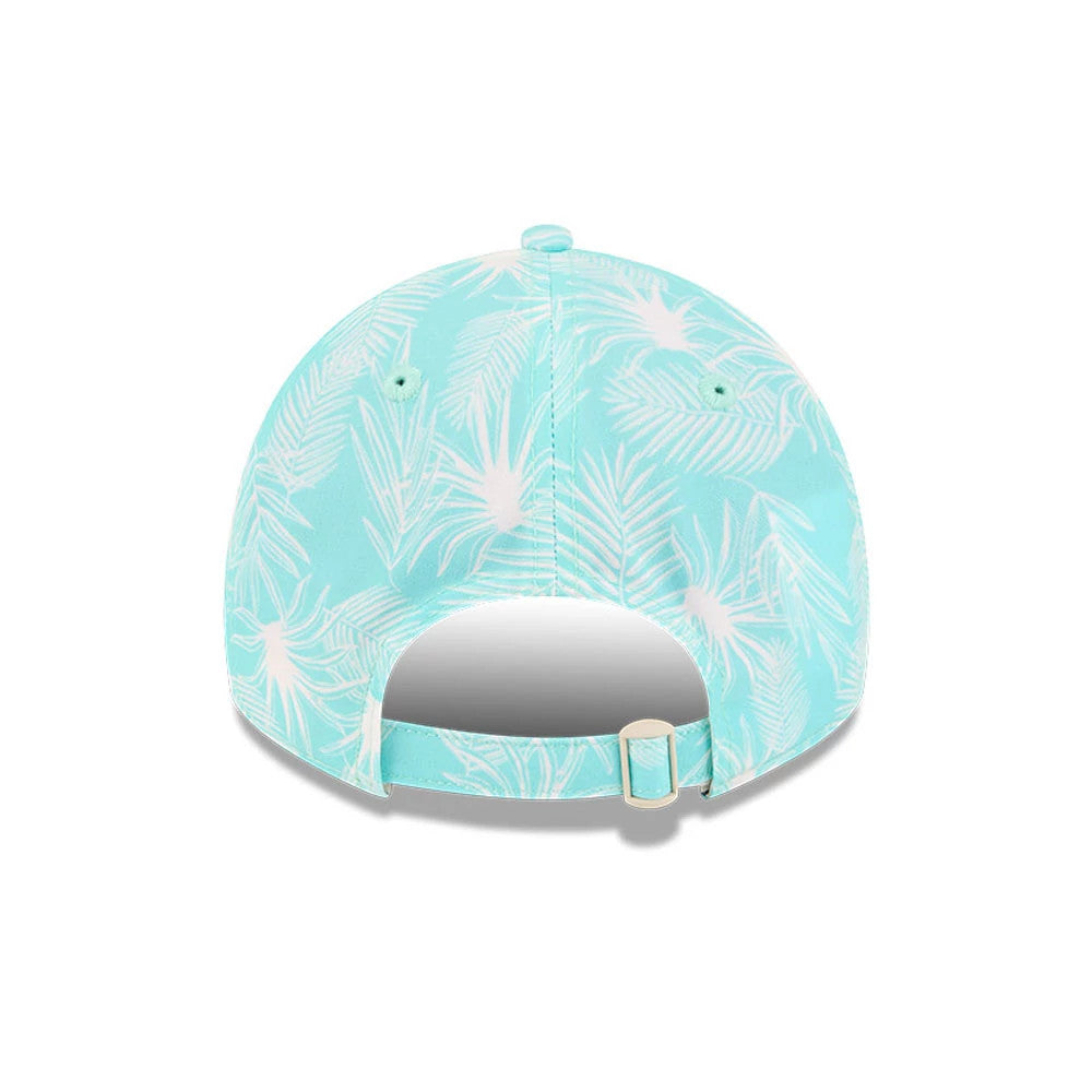 Boston Red Sox Womens MLB Pastel Turquoise New Era 9TWENTY A-Frame Adjustable Cap, rear view showing a pastel turquoise fabric with white tropical leaf pattern and an adjustable strap with buckle at the back of the unstructured crown.
