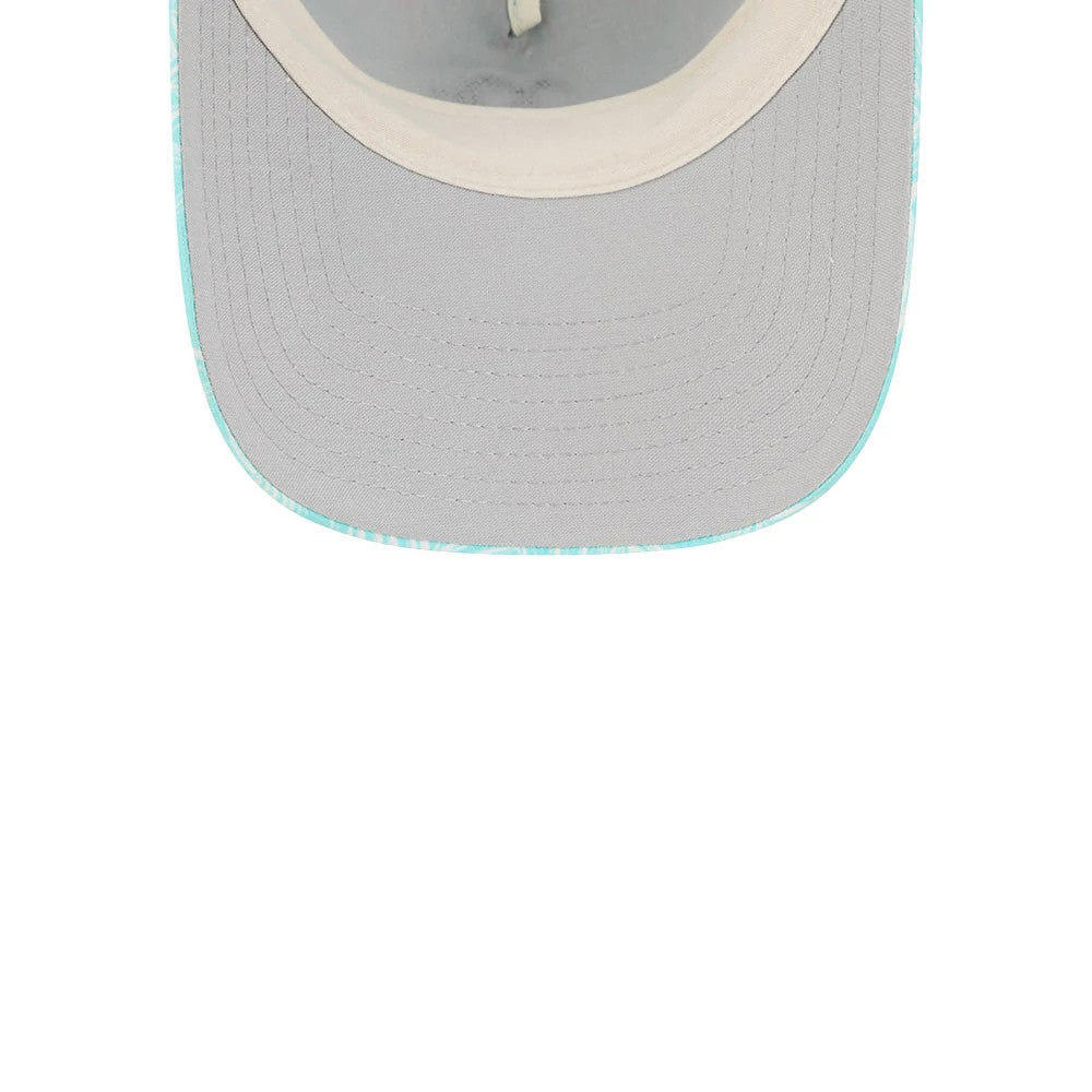 Boston Red Sox Womens MLB Pastel Turquoise New Era 9TWENTY A-Frame Adjustable Cap, inside view showing a grey undervisor with a light design, cream sweatband and stitching details around the visor.