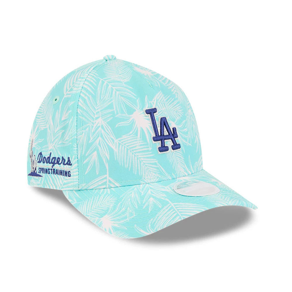 LA Dodgers Womens MLB Pastel Turquoise New Era 9TWENTY A-Frame Adjustable Cap, three-quarter view showing the white palm pattern on the turquoise crown, raised blue LA logo on the front panel, and 9TWENTY size sticker on the visor.