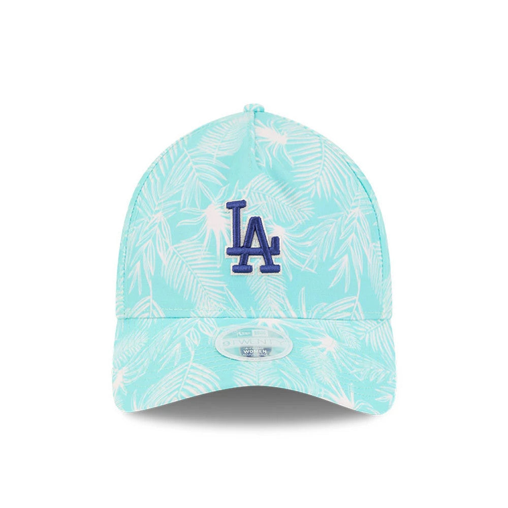 LA Dodgers Womens MLB Pastel Turquoise New Era 9TWENTY A-Frame Adjustable Cap, front view showing the raised purple LA logo embroidered on a pastel turquoise background with a white palm leaf pattern and a 9TWENTY size sticker on the visor.