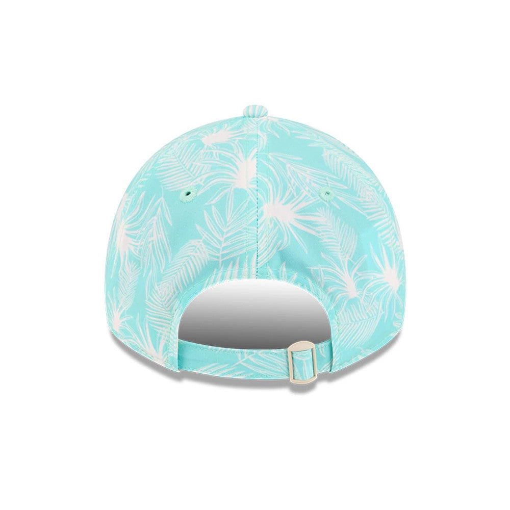 LA Dodgers Womens MLB Pastel Turquoise New Era 9TWENTY A-Frame Adjustable Cap, rear view showing a tropical palm print across the back panels and the pastel turquoise adjustable strap with a buckle above the opening.