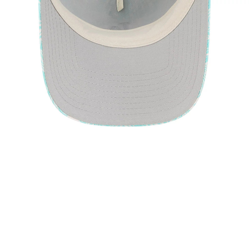 LA Dodgers Womens MLB Pastel Turquoise New Era 9TWENTY A-Frame Adjustable Cap, inside view showing a cream sweatband and light grey undervisor, highlighting the cap's interior stitching and curved visor.