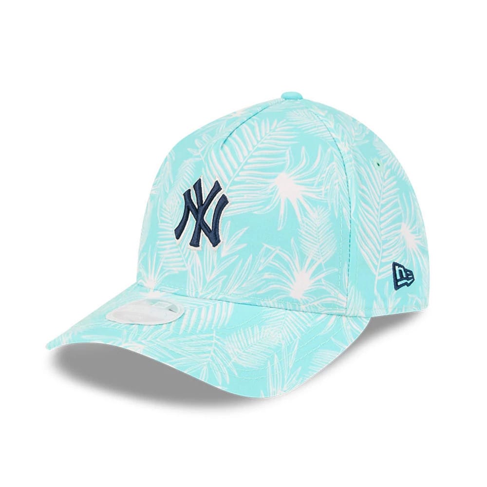 New York Yankees Womens MLB Pastel Turquoise New Era 9TWENTY A-Frame Adjustable Cap, three-quarter view showing the navy NY logo embroidered on the front panel, with a white visor sticker and the New Era flag logo on the left side.