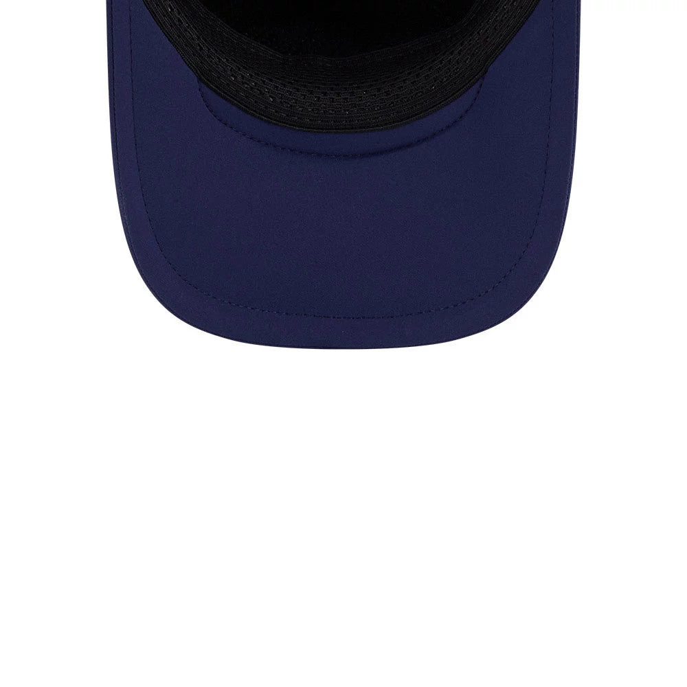 MLB Logo MLB Batting Practice 2026 Navy New Era 9FORTY Apex Adjustable Cap, inside view showing the dark sweatband and the navy undervisor, highlighting the curved design of the visor.