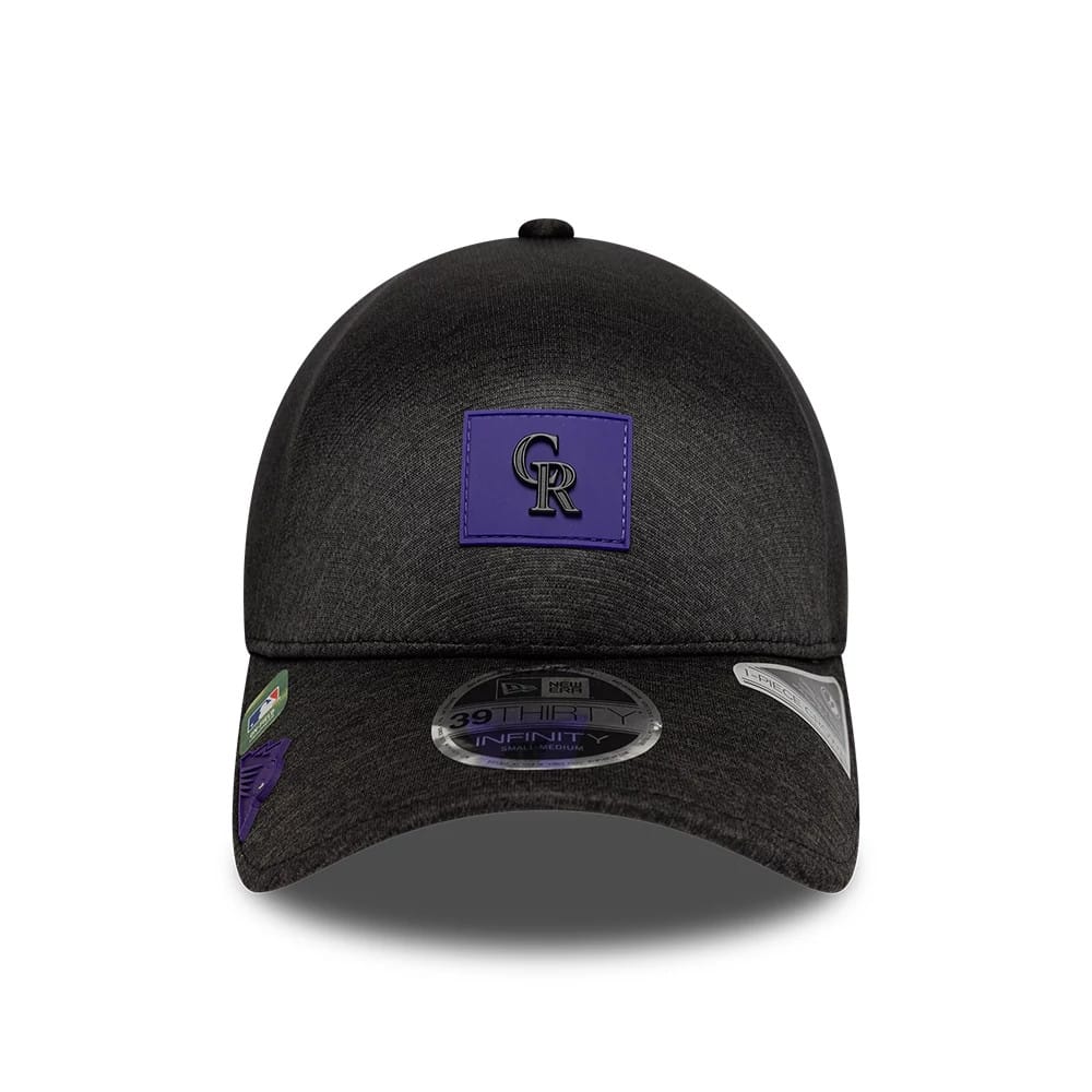 Colorado Rockies MLB Clubhouse Black New Era 39THIRTY Infinity Stretch Fit Cap, front view showing dark purple CR logo on front panel, curved black visor with silver 39THIRTY size sticker, and small MLB logo on the side.