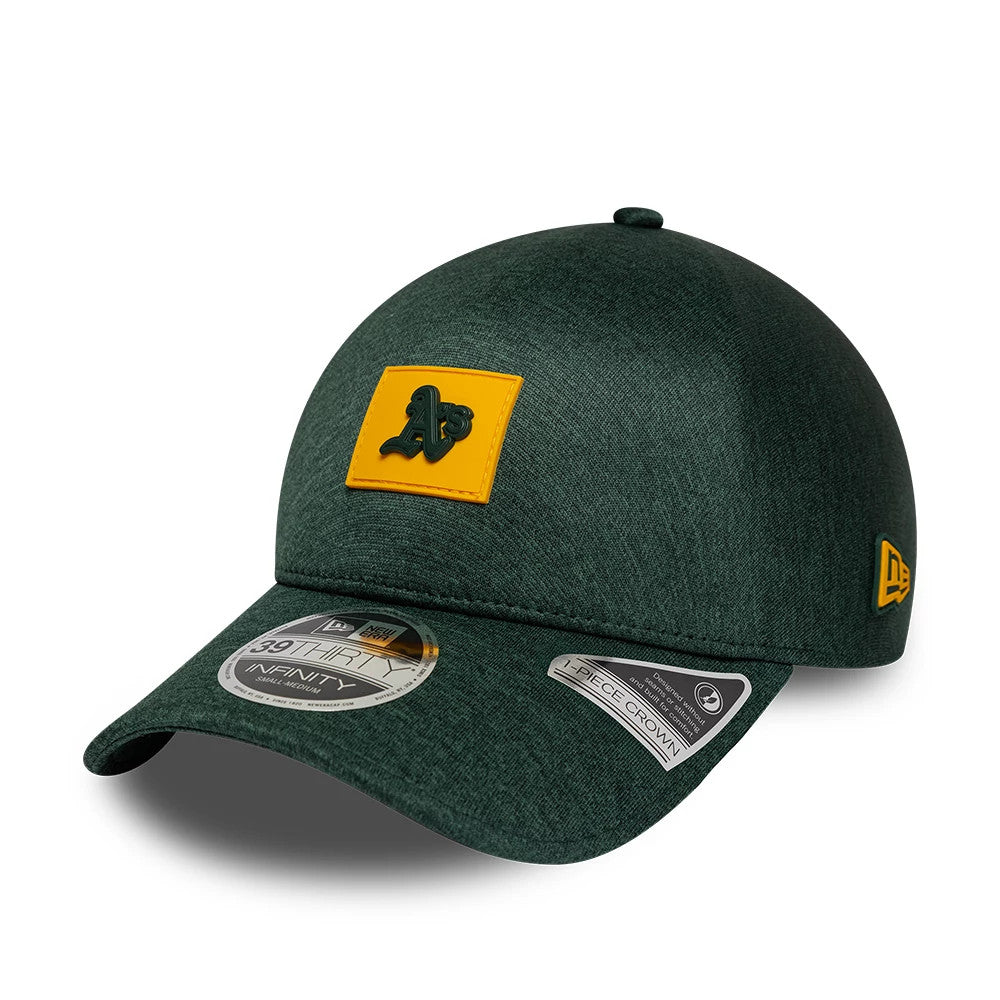 Athletics MLB Clubhouse Dark Green New Era 39THIRTY Infinity Stretch Fit Cap, front view showing the green A's logo on a yellow patch on the front panel, with a pre-curved visor and 39THIRTY size sticker.