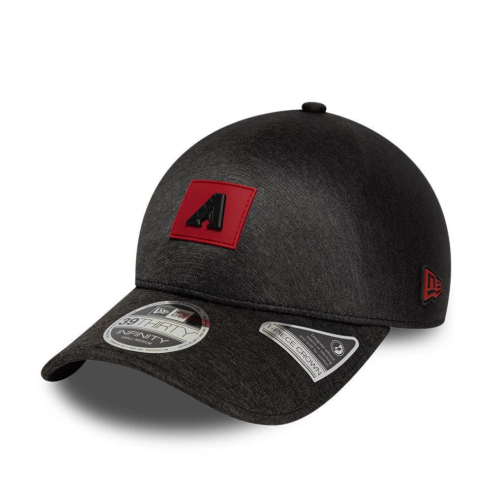 Arizona Diamondbacks MLB Clubhouse Black New Era 39THIRTY Infinity Stretch Fit Cap, front view showing a black A logo on a red square patch on the front panel, with a 39THIRTY size sticker on the black curved visor.
