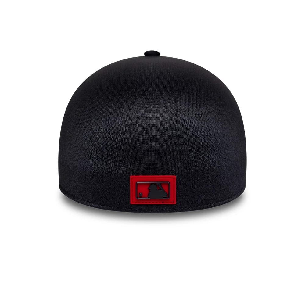 Boston Red Sox MLB Clubhouse Navy New Era 39THIRTY Infinity Stretch Fit Cap, rear view showing the black MLB Batterman logo set within a red rectangular frame at the centre of the navy stretch-fit crown.