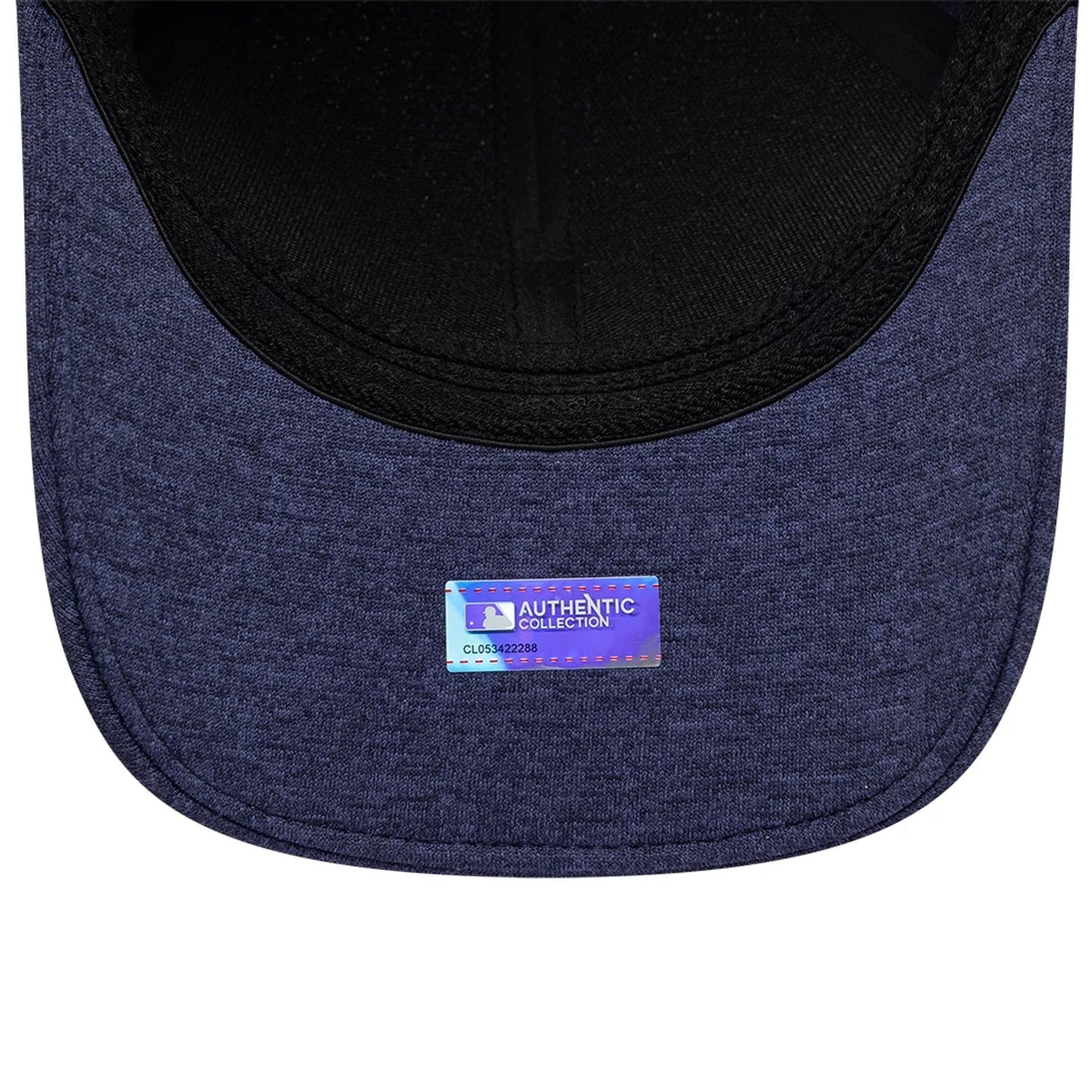 Milwaukee Brewers MLB Clubhouse Navy New Era 39THIRTY Infinity Stretch Fit Cap, inside view showing the black sweatband and navy undervisor with an MLB Authentic Collection sticker at the centre.
